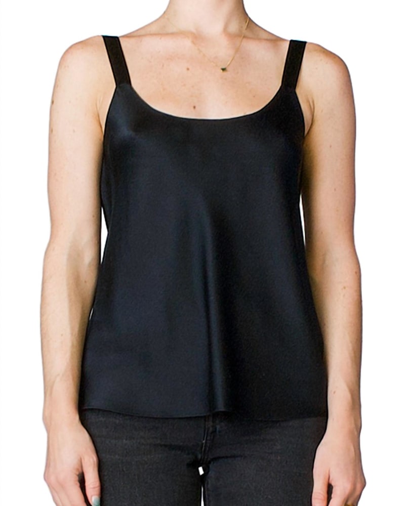 Front of a model wearing a size L Silk Scoop Neck Cami in Black in Black by Vince. | dia_product_style_image_id:334641